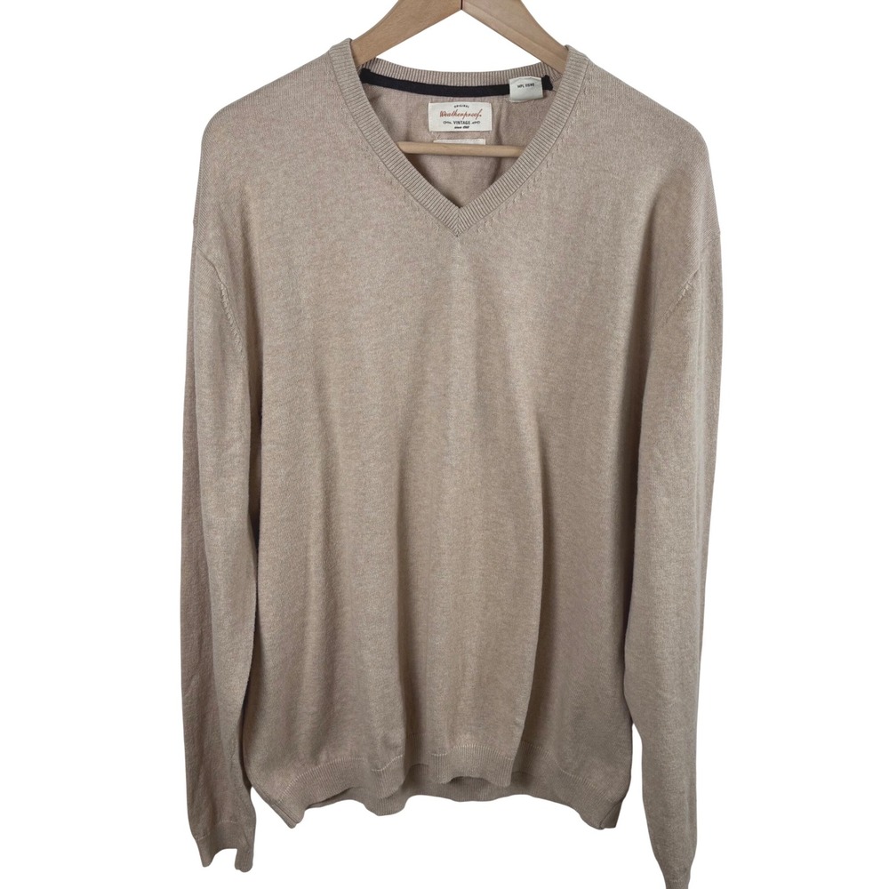 Weatherproof Vintage Men's Beige Cotton Cashmere V-Neck‎ Sweater XL Grandpa Prep